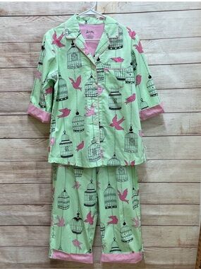 Nick & Nora Y2K Birdcage Print Green Pink Cotton Pajama Set M